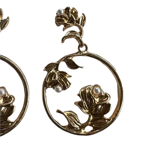 Golden Floral with Pearls Drop Hoop Earrings - Picture 4 of 4